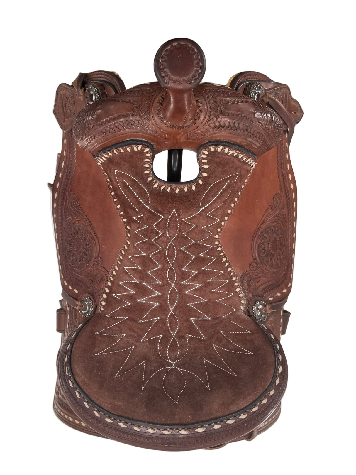 Western saddle with brown suede stitched seat