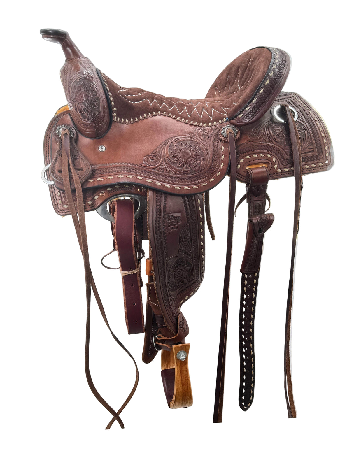 Brown leather saddle with buckstitch