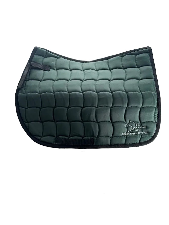 Contoured English Saddle Pad with Bell Mountain Logo. Hunter Green with silver stitching.