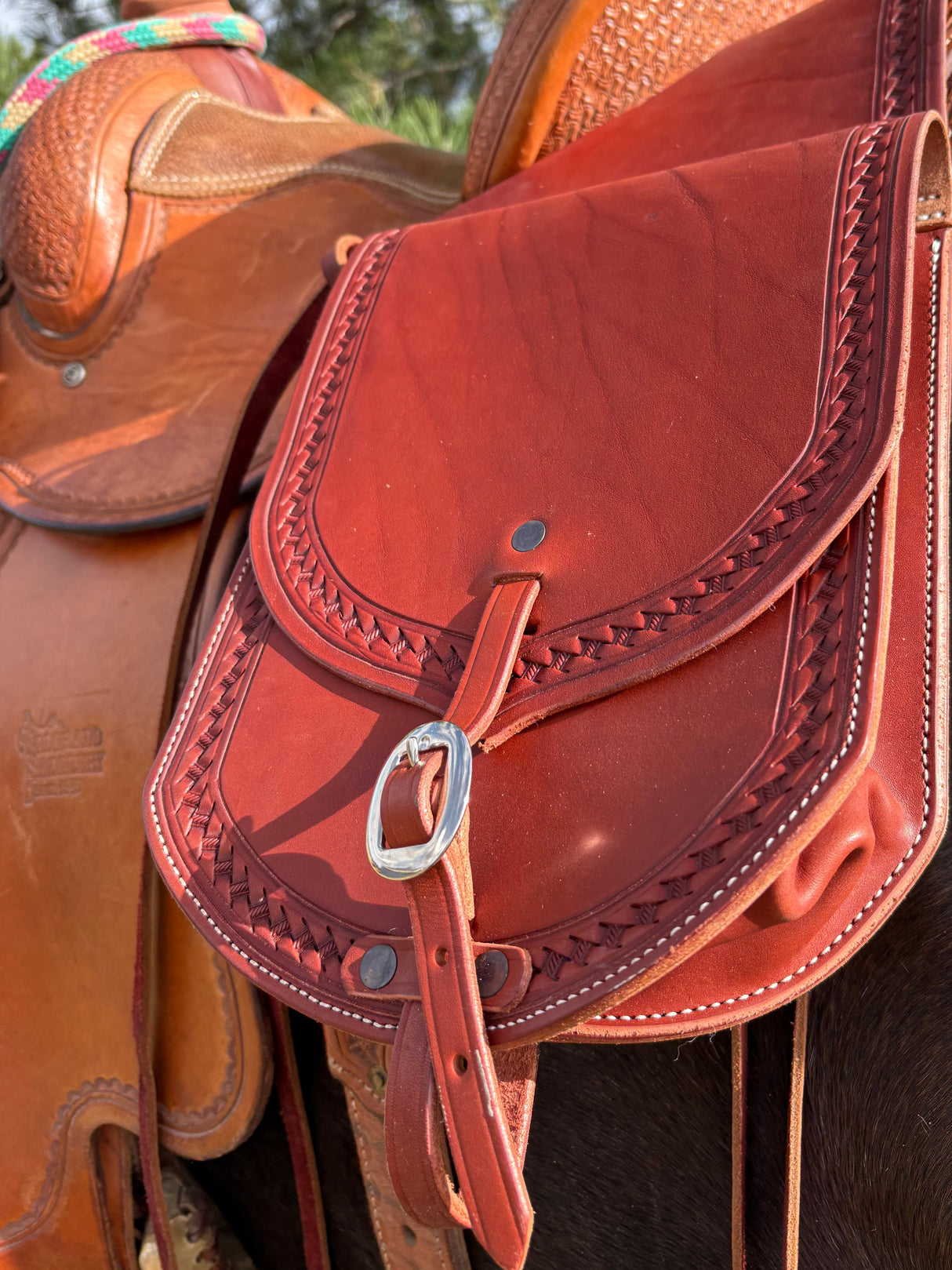 Premium Leather Saddle Bag with Hand Tooled Border- 9"