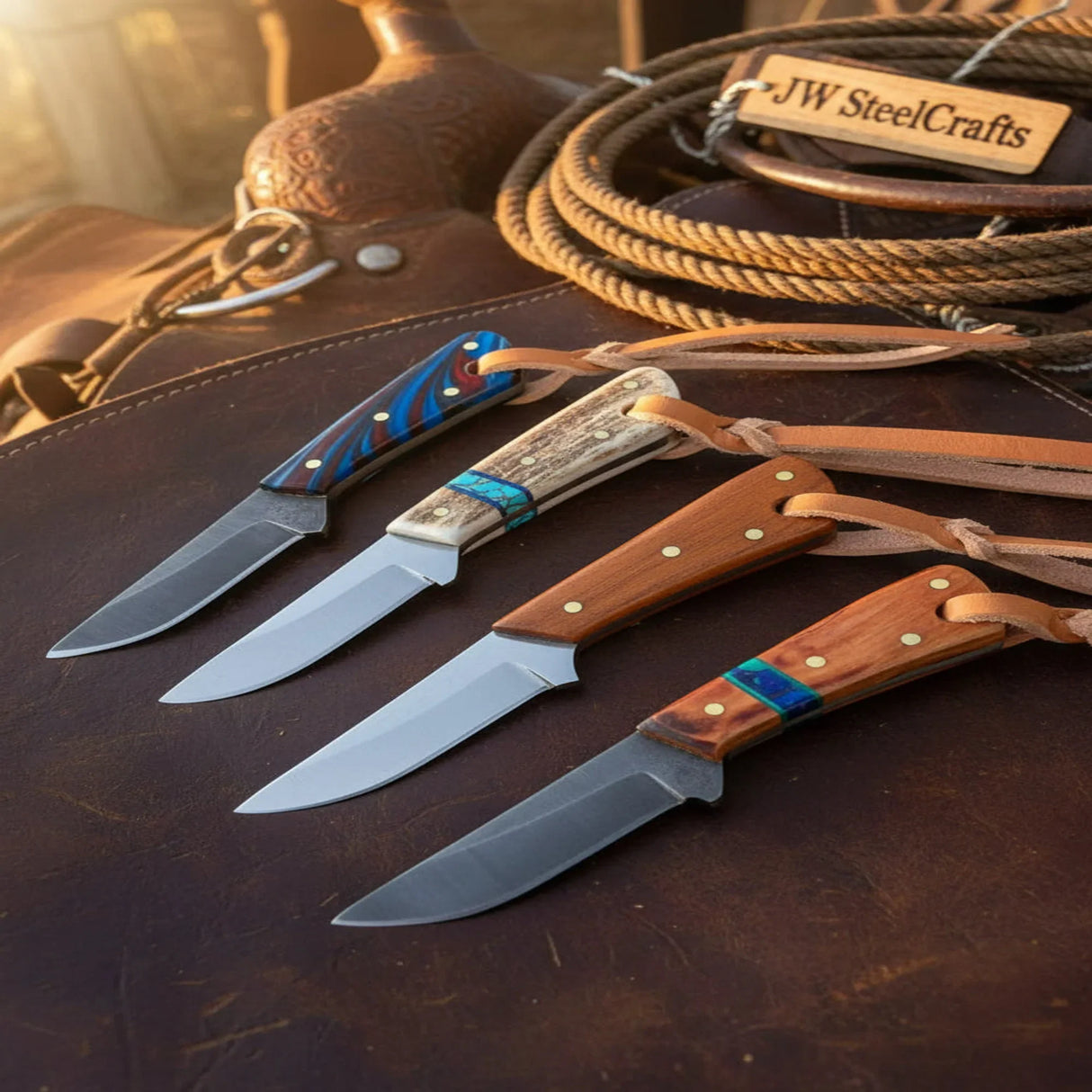 Turquoise Trail Steak Knives 8" Damascus Steel Blades with Turquoise Resin Handle