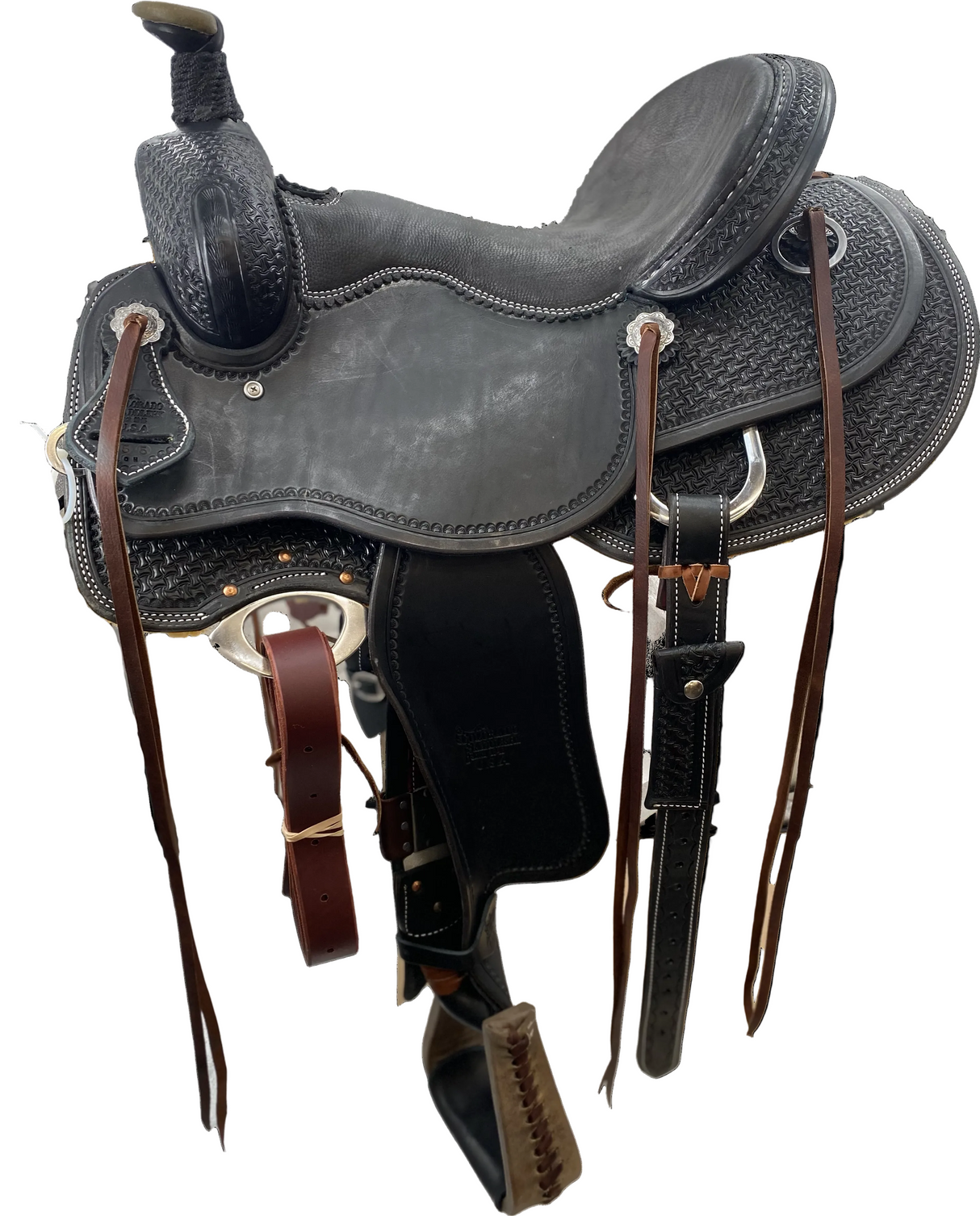 A black leather western saddle for mounted patrol, backcountry patrol, park rangers, police officers