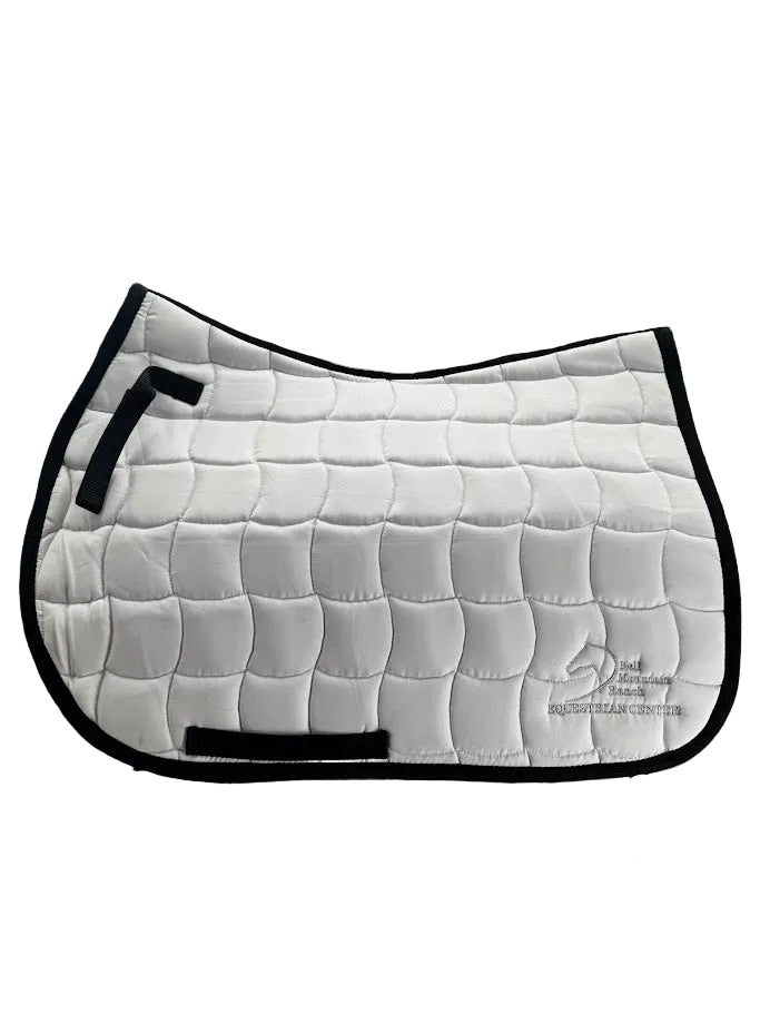 Contoured English Saddle Pad with Bell Mountain Logo. White with silver stitching.