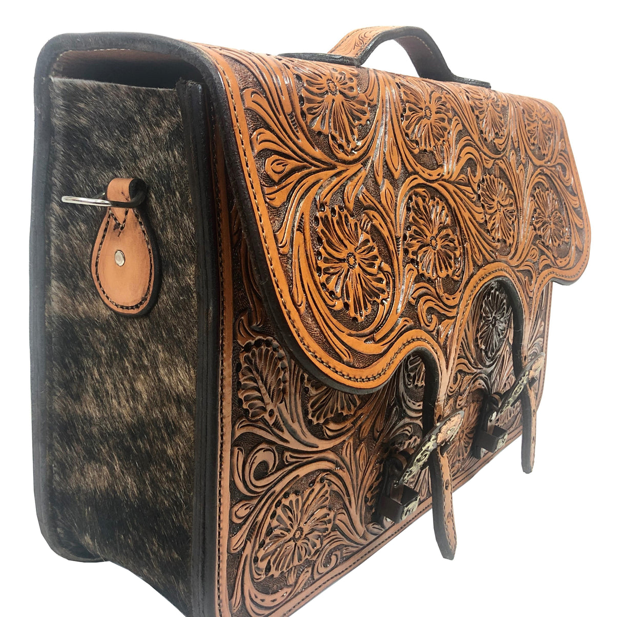 Floral Tooled Briefcase with Cow Hide