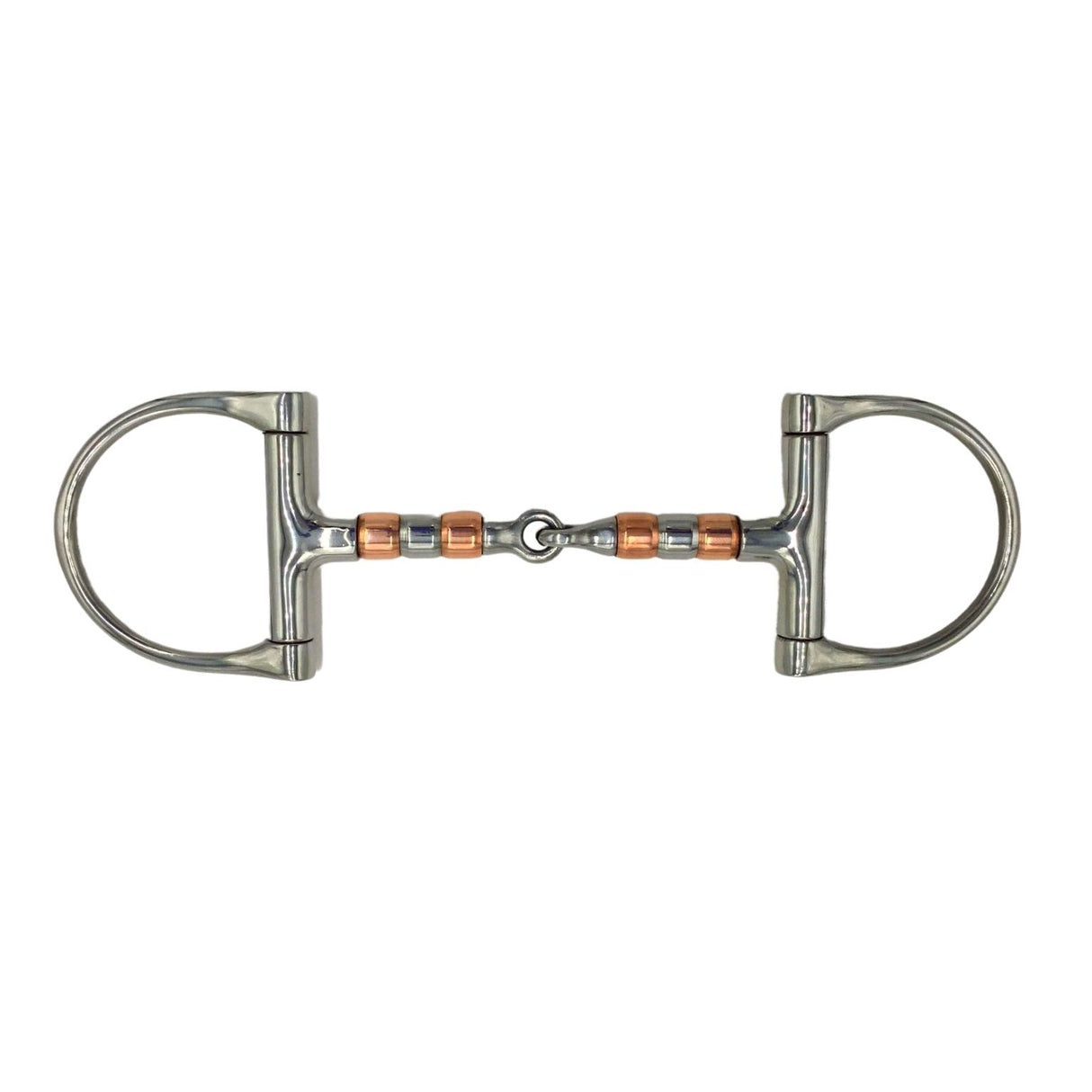 Training snaffle bit with four copper rollers and D-rings