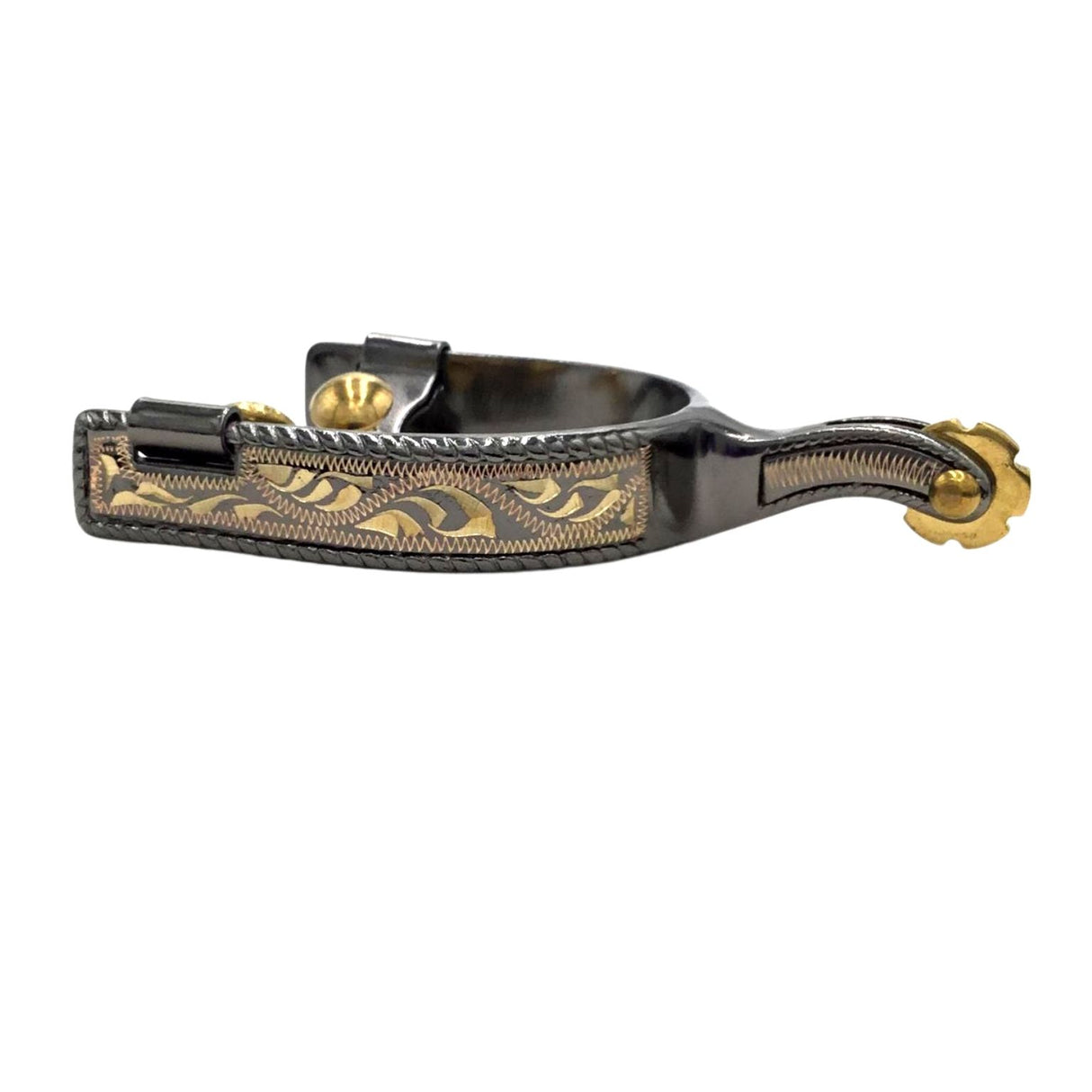 Engraved midnight blue western spurs with brass rowels