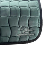 Contoured English Saddle Pad with Bell Mountain Logo. Hunter Green with silver stitching.
