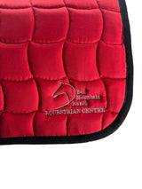 Contoured English Saddle Pad with Bell Mountain Logo. Red pad with silver stitching.