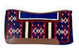 Colorful patterned saddle pad with brown accents on a white background