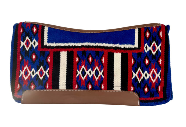 Colorful patterned saddle pad with brown accents on a white background