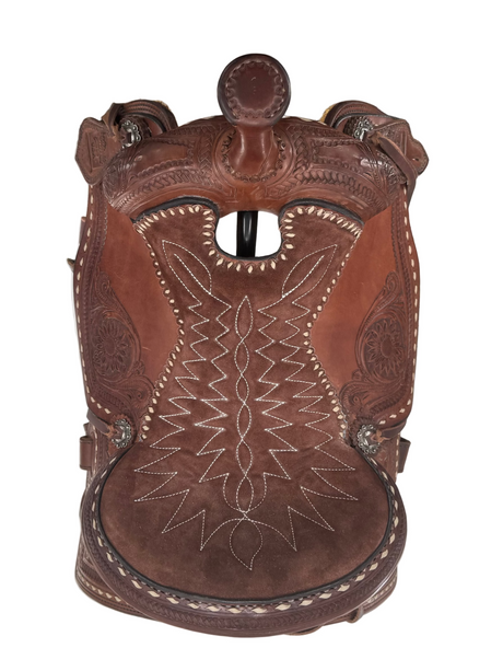 Western saddle with brown suede stitched seat