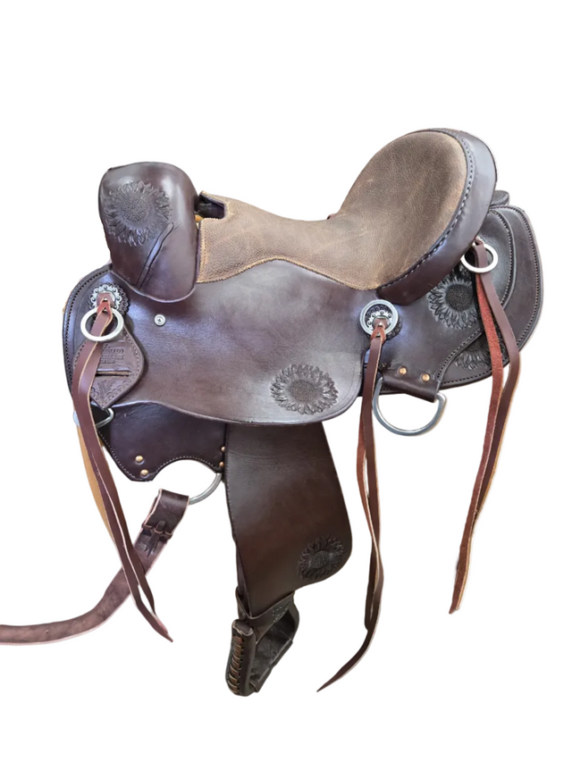 14' Endurance Saddle with chocolate brown color and sunflower tooled accents