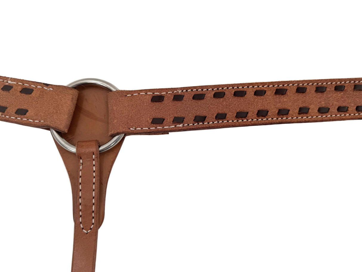 Brown leather breast collar with metal buckle on a white background