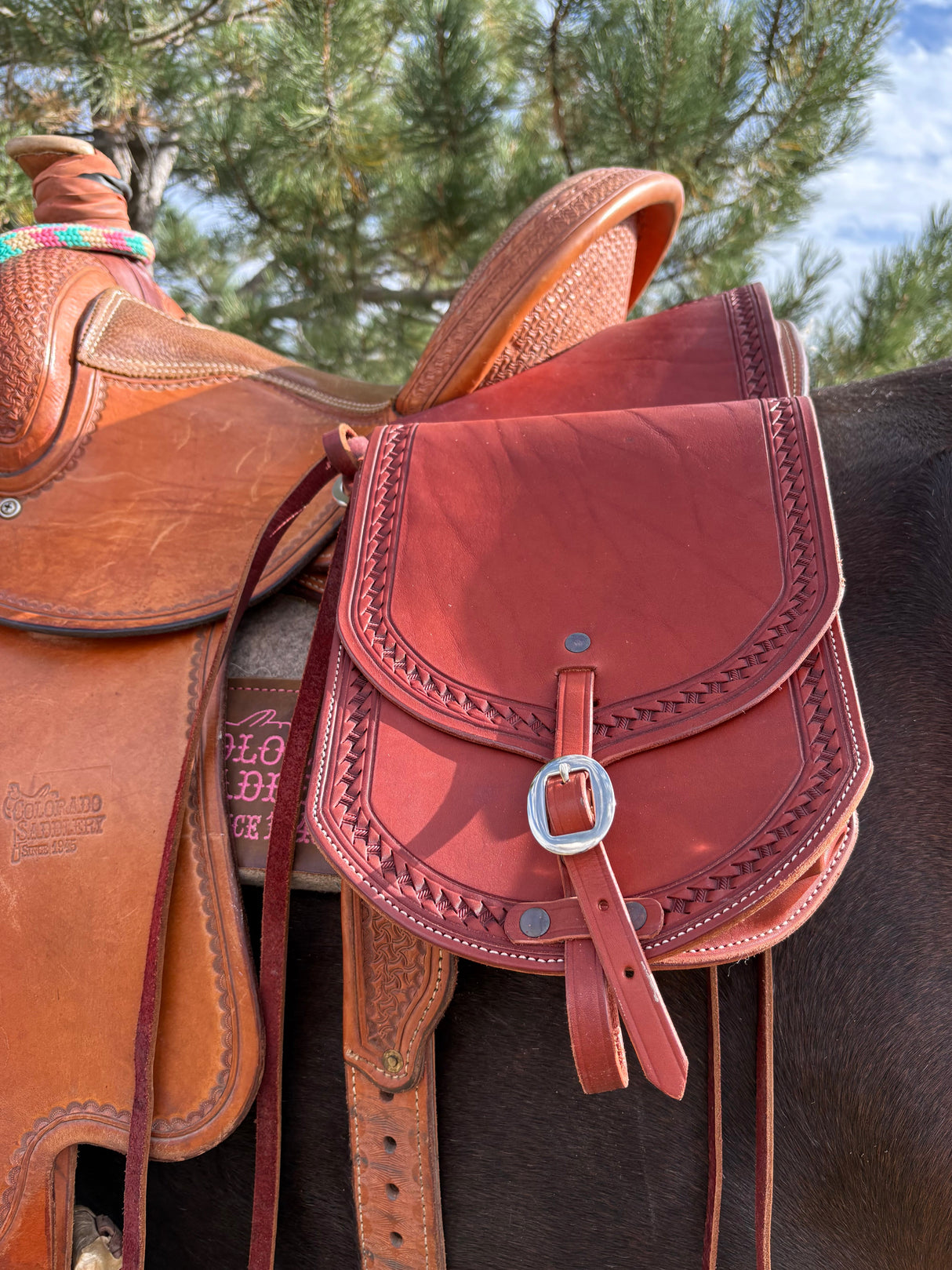 Premium Leather Saddle Bag with Hand Tooled Border- 9"