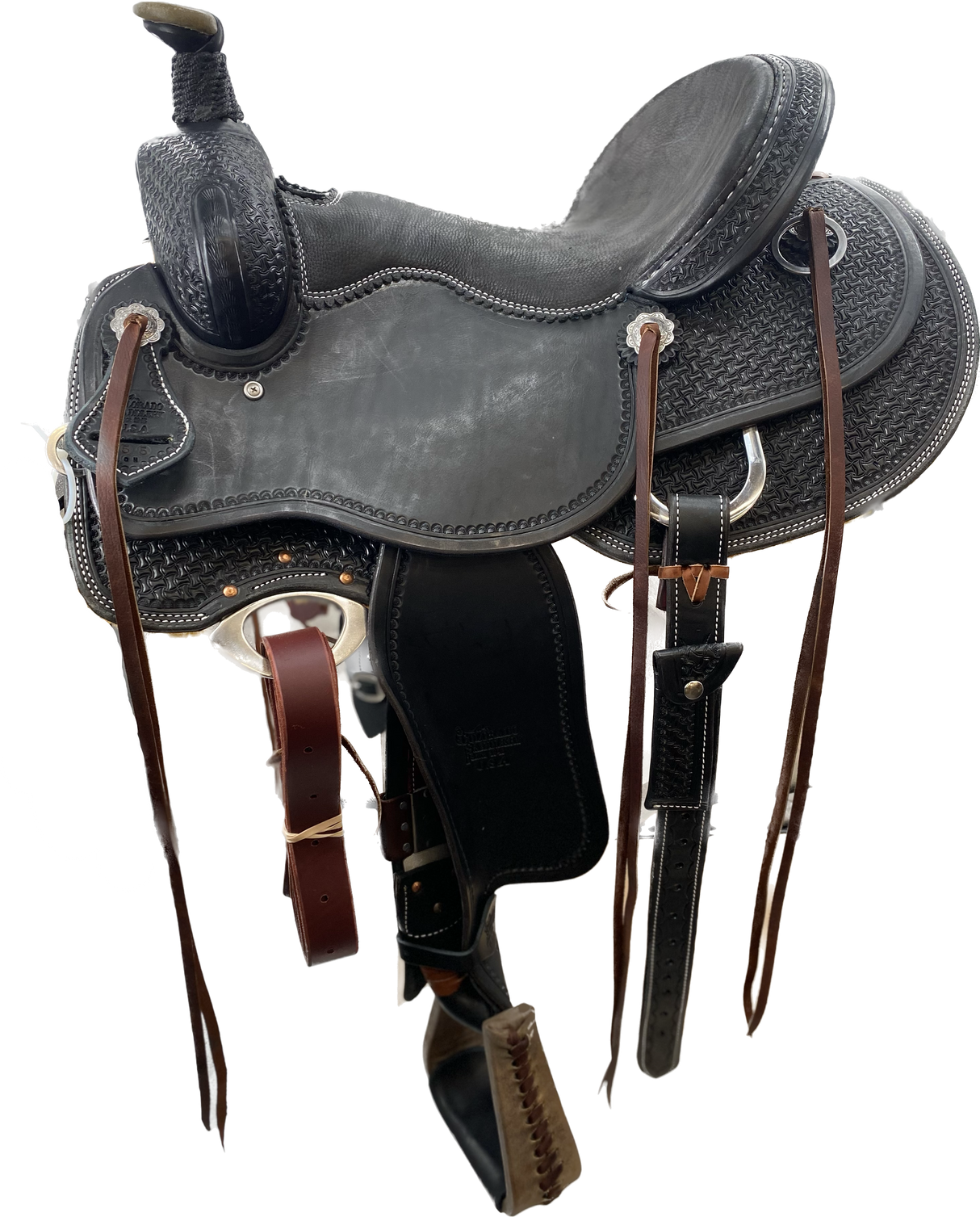 A black leather western saddle for mounted patrol, backcountry patrol, park rangers, police officers
