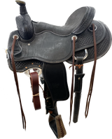 A black leather western saddle for mounted patrol, backcountry patrol, park rangers, police officers