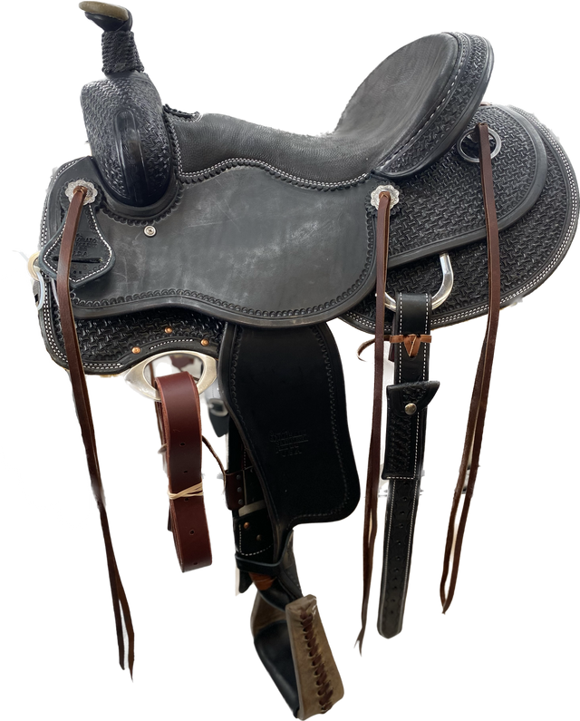 A black leather western saddle for mounted patrol, backcountry patrol, park rangers, police officers