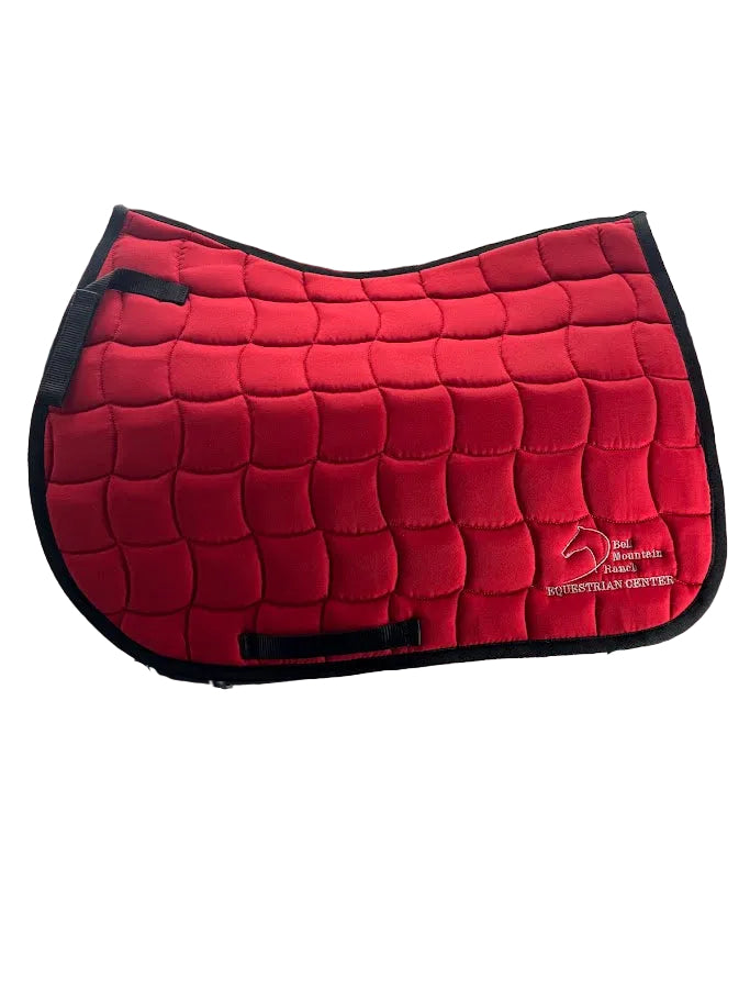 Contoured English Saddle Pad with Bell Mountain Logo. Red pad with silver stitching.