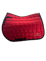Contoured English Saddle Pad with Bell Mountain Logo. Red pad with silver stitching.