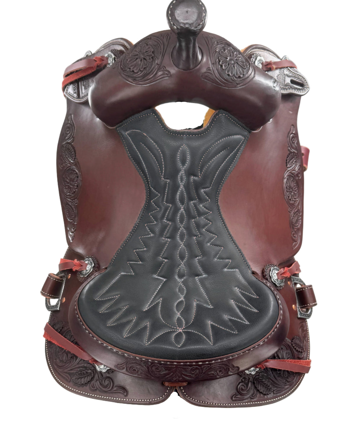 Padded Western Dressage seat with Emory flower tooling on dark oil leather