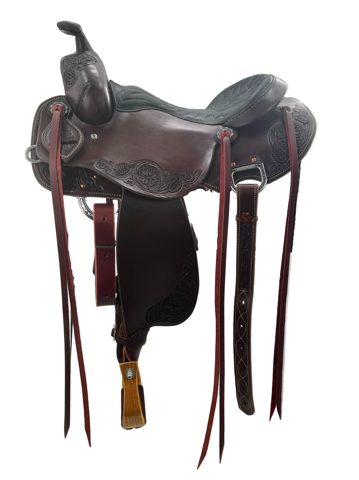 16 inch Western Dressage Saddle in dark oil with Emory flower floral tooling