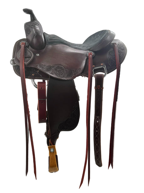 16 inch Western Dressage Saddle in dark oil with Emory flower floral tooling