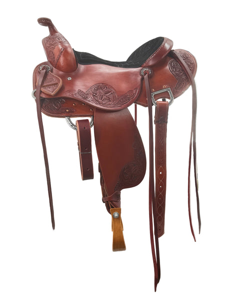 Chestnut leather saddle with floral tooling Colorado Saddlery