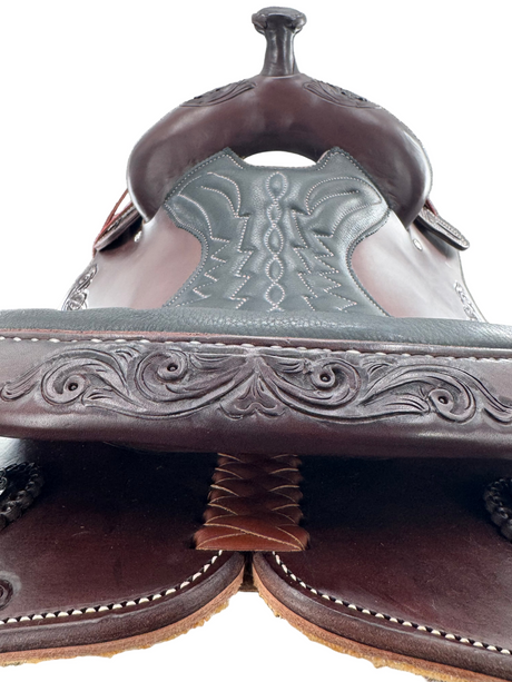 Cantle detail of Western Dressage Saddle with floral tooling