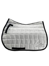 Contoured English Saddle Pad with Bell Mountain Logo. White with silver stitching.