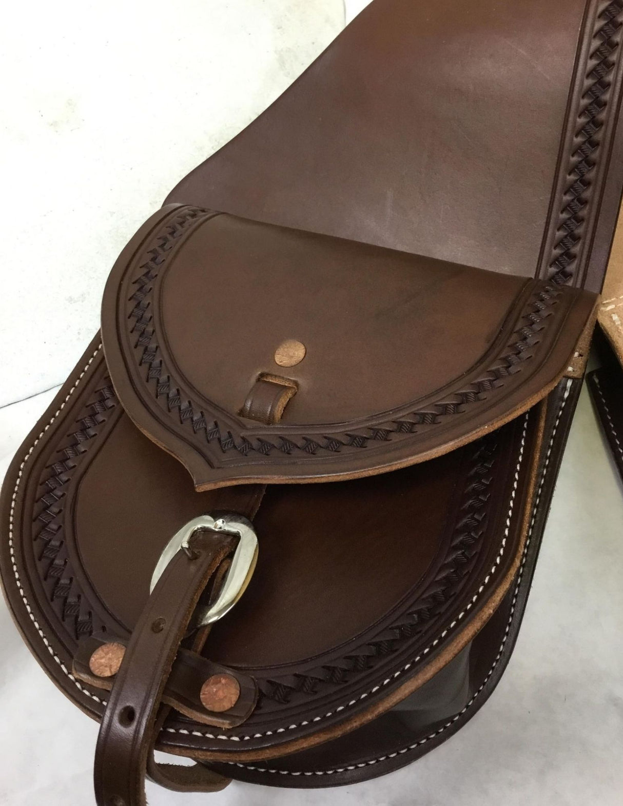 Premium Leather Saddle Bag with Hand Stamped Border- 7"