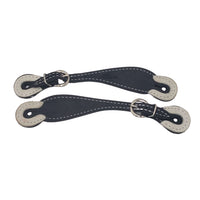Black Leather Spur Straps with Rawhide Tips and Contrasting Stitch
