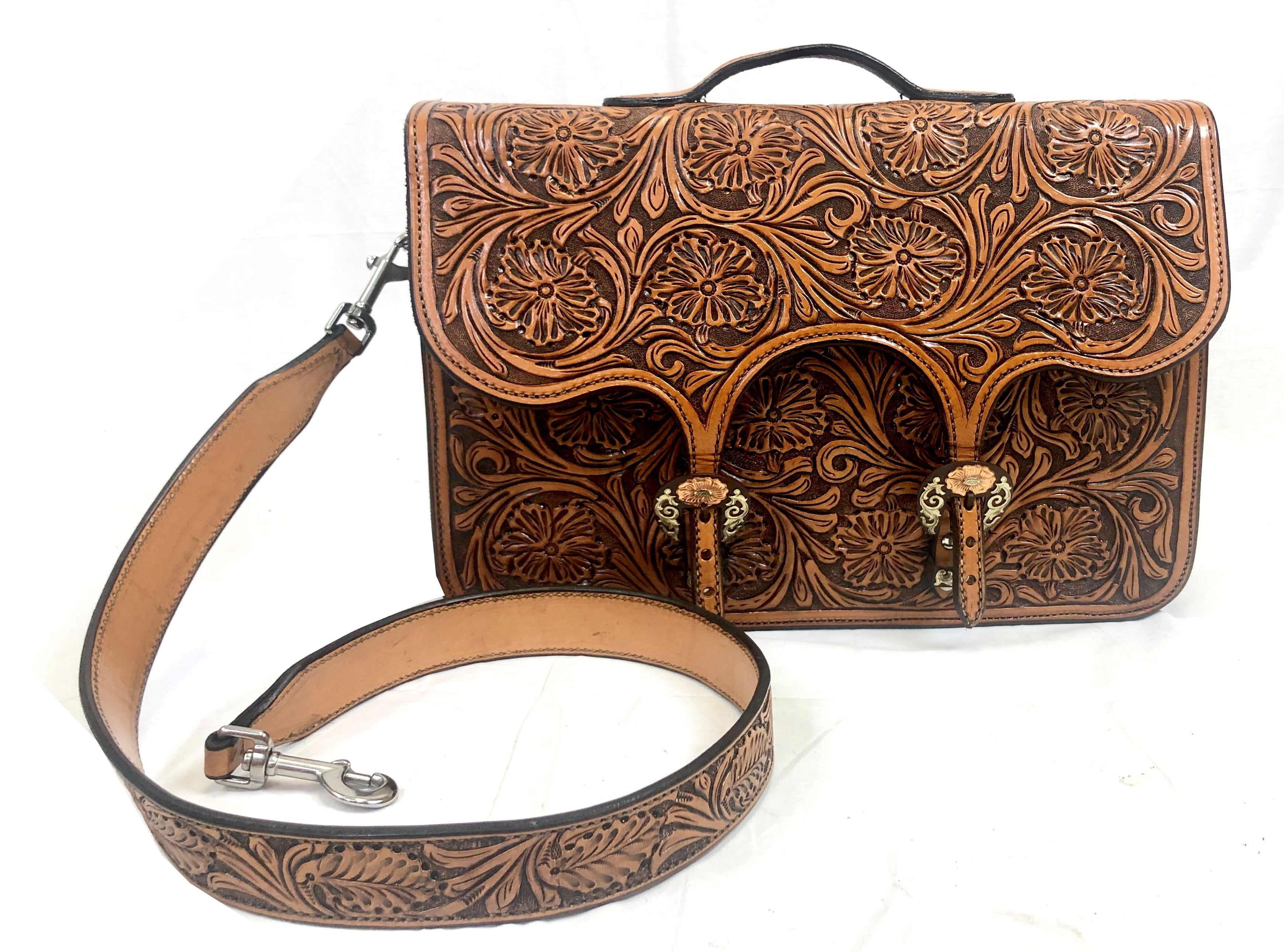Floral Tooled Briefcase with Cow Hide – Colorado Saddlery