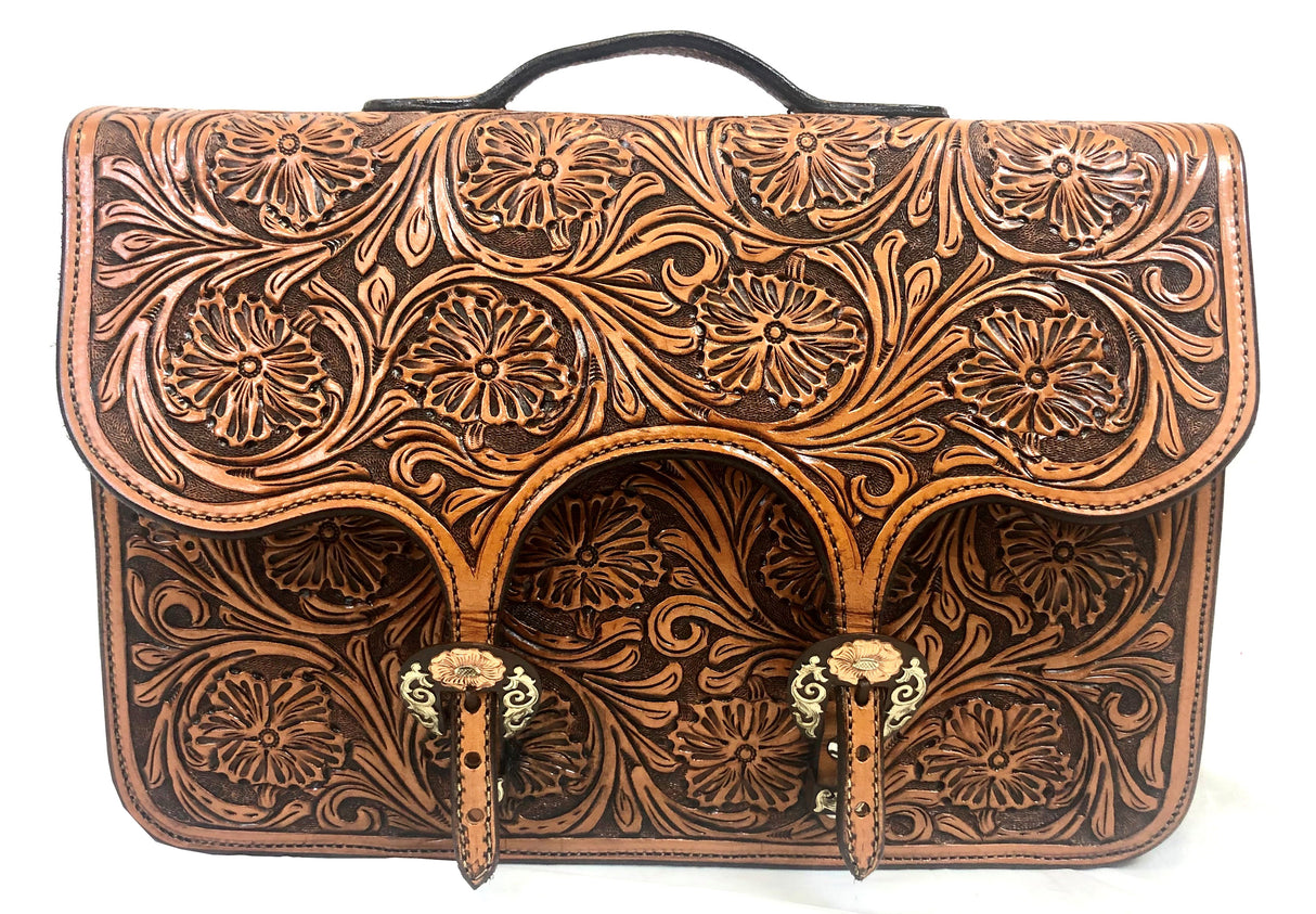Floral Tooled Briefcase with Cow Hide