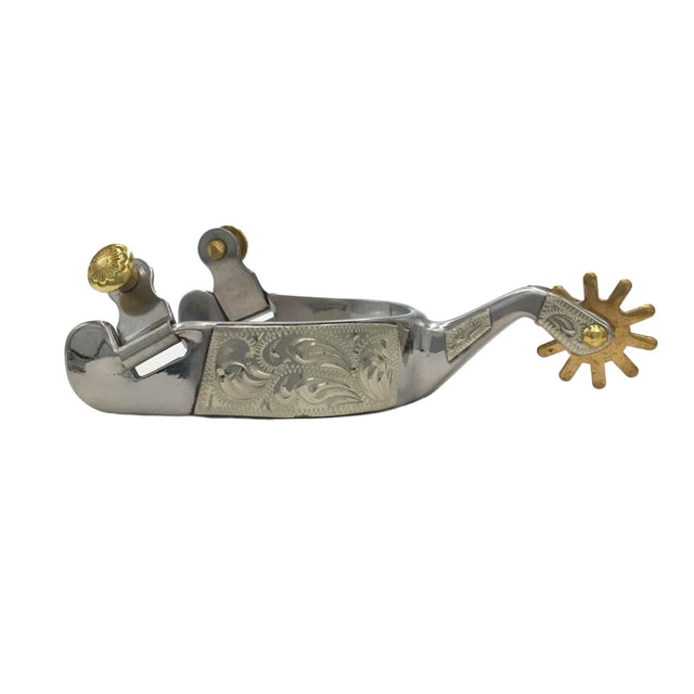 Long shank stainless Steel western spurs with brass rowels and 1-inch band