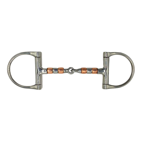 Training snaffle bit with four copper rollers and D-rings