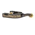 Engraved midnight blue western spurs with brass rowels