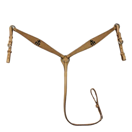 A brown leather horse breast collar with a cross design in the front and a attached lead line.
