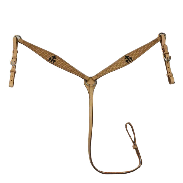 A brown leather horse breast collar with a cross design in the front and a attached lead line.